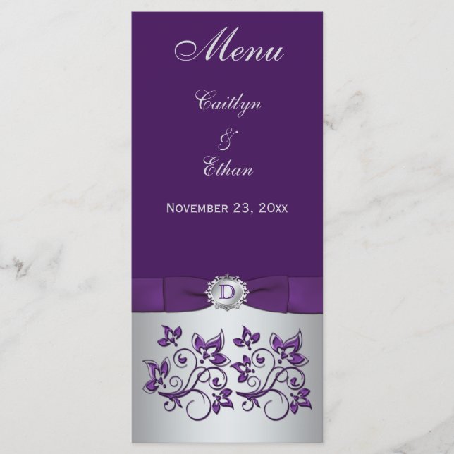 Carte menu Monogram Purple, Silver Grey Floral (Devant)