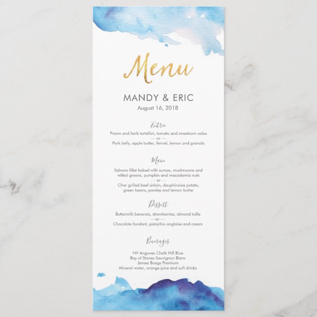 Carte menu ou programme Blue watercolor (Devant)