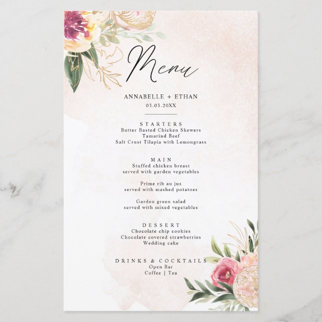 Carte menu Peony et Gold Foil Bloom (Devant)