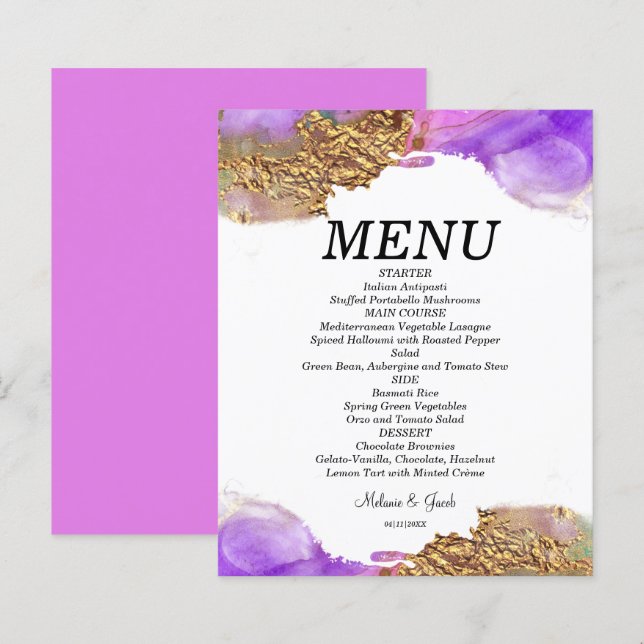 Carte menu plat couleur or rose rose or (Devant / Derrière)