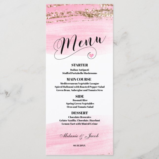 Carte menu plat Watercolor Pink Gold 4x9 (Devant)