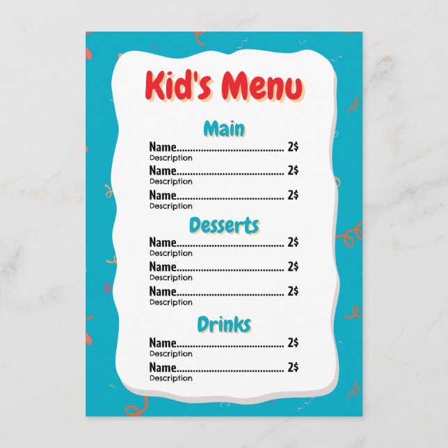 Carte menu pour enfants du restaurant (Dos)