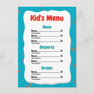 Carte menu pour enfants du restaurant