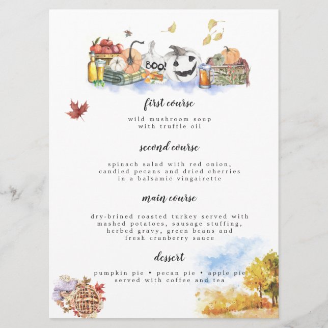 Carte menu Thanksgiving Rustique Watercolor (Devant)