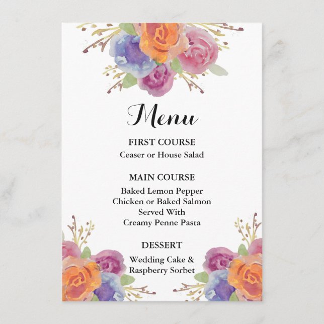 Carte menu Watercolor Floral Bright (Devant)