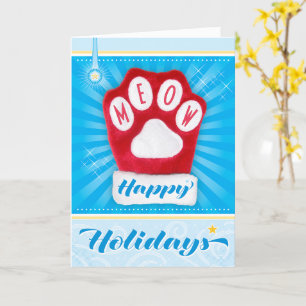 Carte MEOW Red Paw Chat Noël Mitten Joyeuses Fêtes