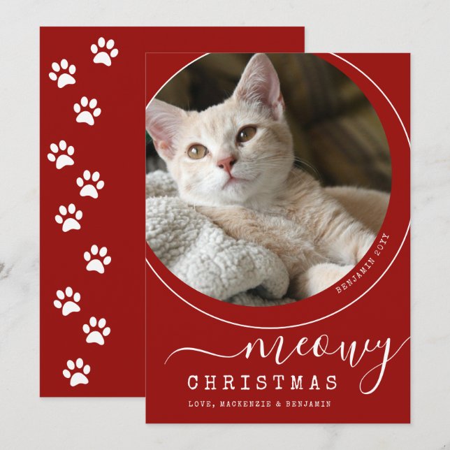 Carte Meowy Christmas Chat Kitten Photo Rouge et blanc (Devant / Derrière)