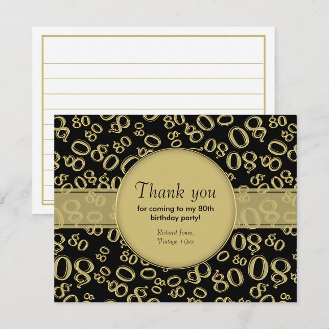 Carte Merci : 80e Motif de numéro d'Anniversaire noir/or (Devant / Derrière)