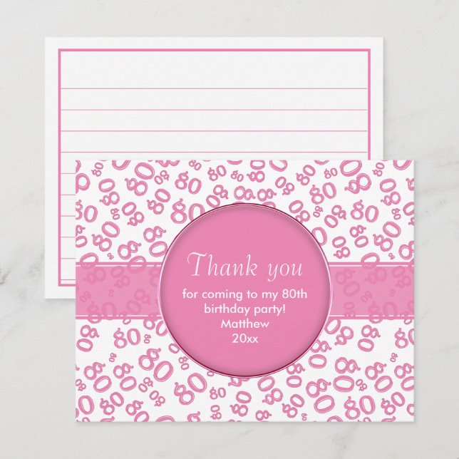 Carte Merci : 80e Motif du numéro d'Anniversaire rose/bl (Devant / Derrière)