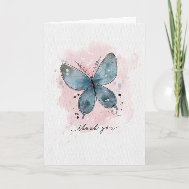 Carte Merci Aquarelle Bleu Papillon (Devant)