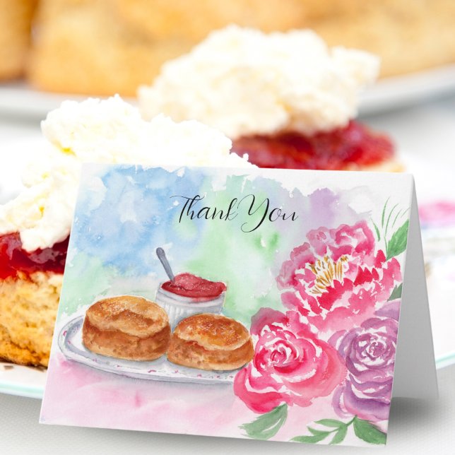 Carte Merci Aquarelle Scones Avec Peoné (Express gratitude with this charming watercolor, perfect for tea lovers.)