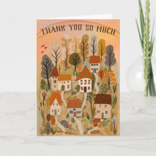 Carte MERCI Automne Mignonne Pays Village Illustration