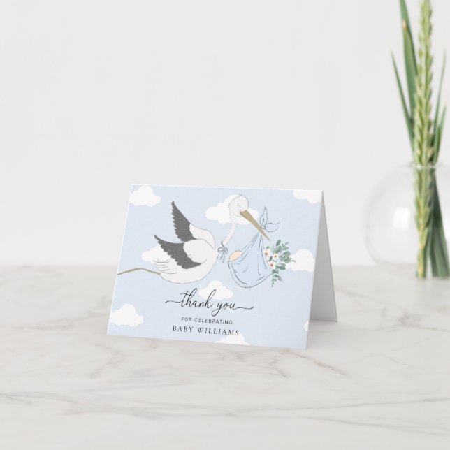 Carte Merci Baby shower de la cigogne bleue (Devant)