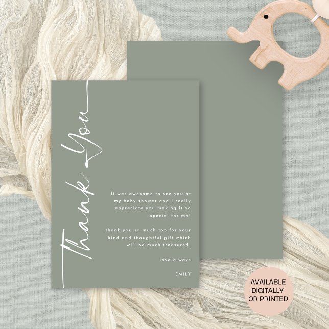 Carte Merci Baby shower de mesure de calligraphie pivoté (Front and back view. Available digitally or printed.)