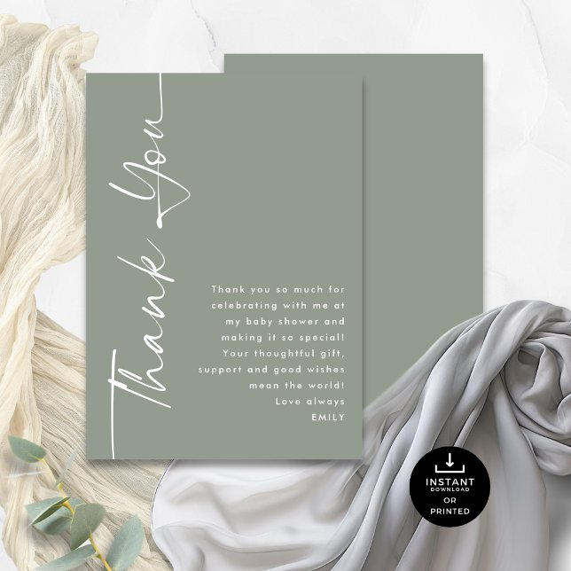 Carte Merci Baby shower de mesure de calligraphie pivoté (Front and back view)