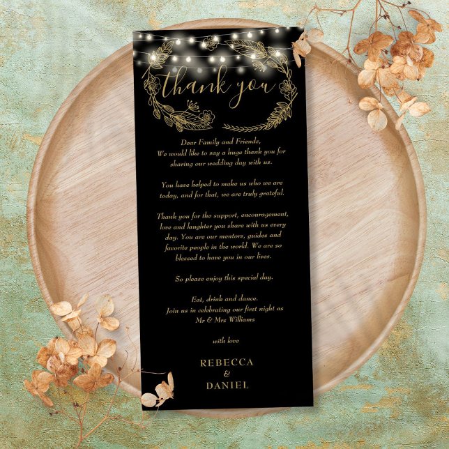 Carte Merci Black And Gold (Black And Gold String Lights Thank You Place Card)
