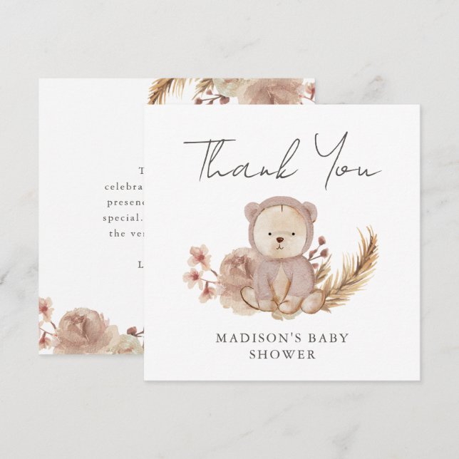 Carte Merci Boho Botanique Sweet Bear Baby shower (Devant / Derrière)