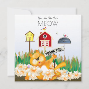 Carte Merci Chat et oiseaux dans le jardin