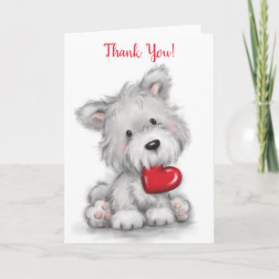 Carte Merci, chien mignon au coeur rouge