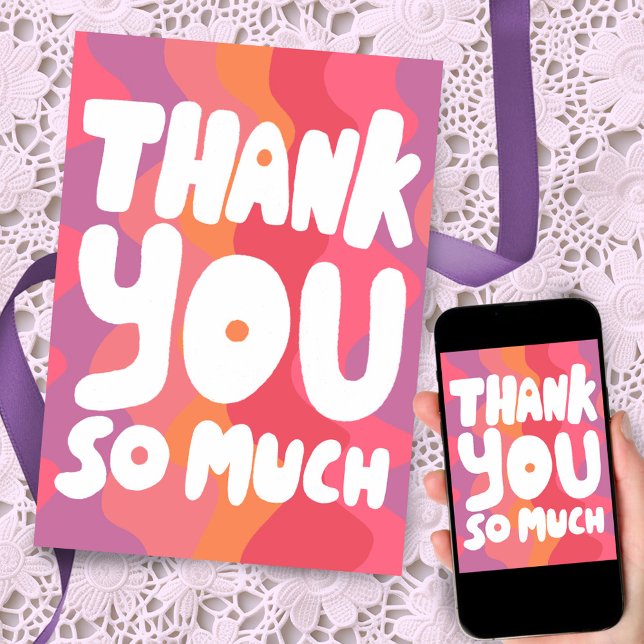 Carte MERCI coloré rose rayures incurvées PERSONNALISÉ (Hand made bubble letters decorate this bold pink thank you card. Customize and send digitally too!)