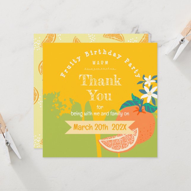 Carte Merci d'anniversaire de la Fruité orange (Devant/Arrière en situation)