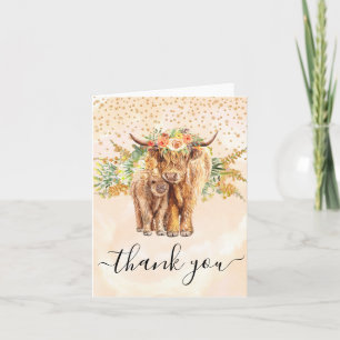 Carte Merci de Baby shower de vache Highland Peach