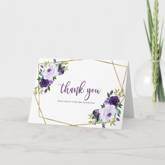 Carte Merci de Fête de l'mariée d'aquarelle d'or violet (Devant)