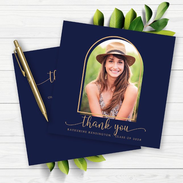 Carte Merci de graduation de la Marine Blue Arch (Navy Blue Arch Photo Graduation Thank You card)