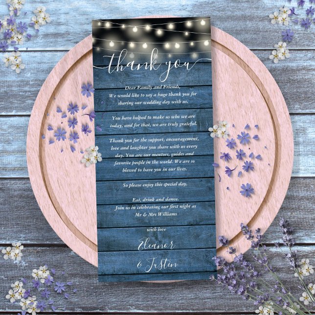 Carte Merci de la réception de mariage bleu rustiq (Blue Rustic Wedding Reception Thank You Place Card)
