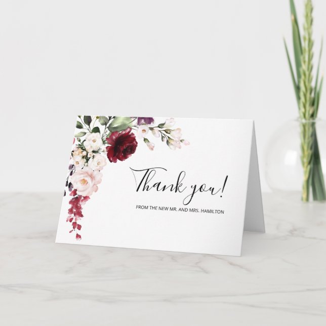 Carte Merci de Mariage d'aquarelle florale de Bourgogne (Devant)