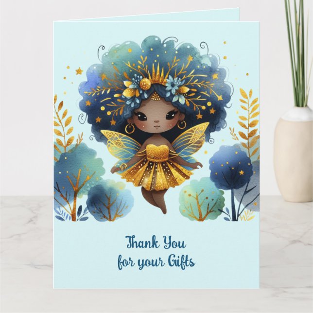 Carte Merci Fée Africaine Turquoise Gold Rose Princesse (Devant)