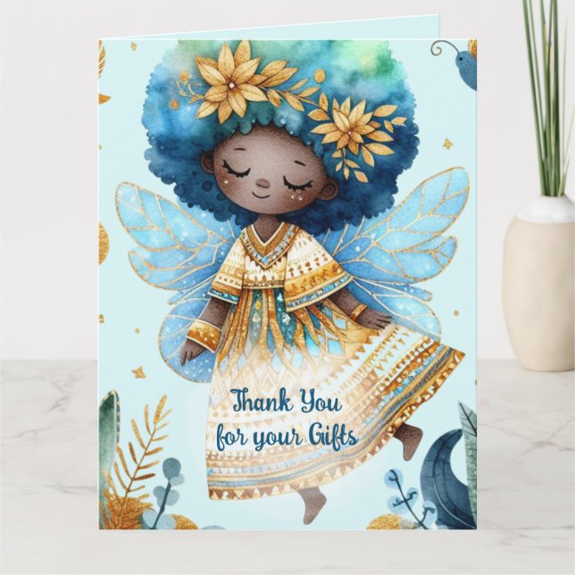 Carte Merci Fée Africaine Turquoise Gold Rose Princesse (Devant)