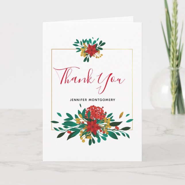 Carte Merci floral moderne rouge vert et or Noël (Devant)