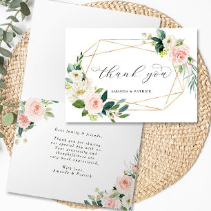 Carte Merci floral rose pâle à cadre doré géométrique