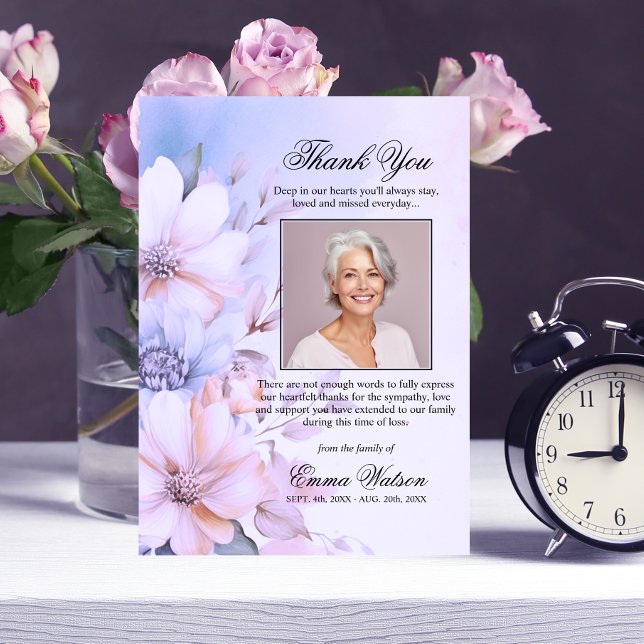 Carte Merci Funéraire Purple Lavande Florale | PHOTO (Elegant Thank You Funeral Purple Lavender Floral PHOTO Card)