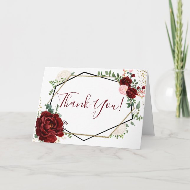 Carte Merci géométrique floral de mariage merlot (Devant)