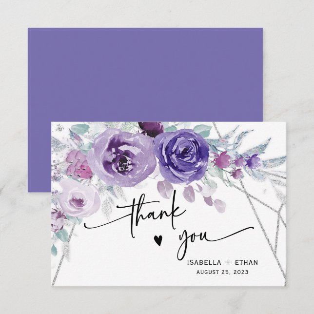 Carte Merci Mariage argenté et violet (Devant / Derrière)
