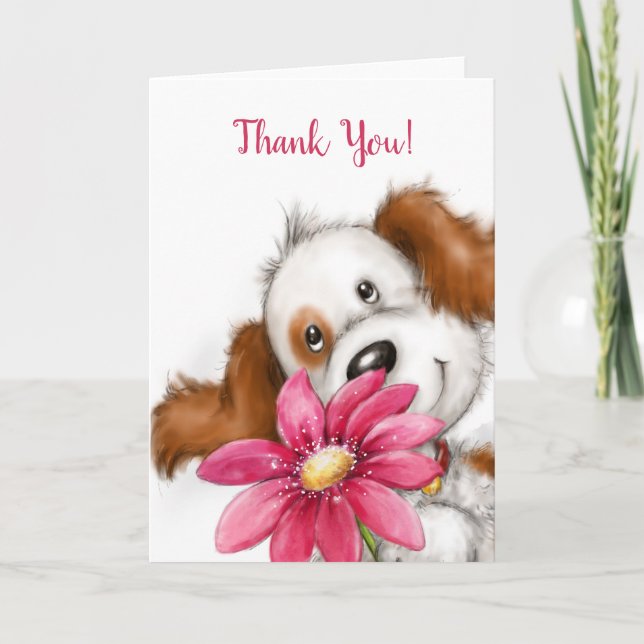 Carte Merci, mignon chien avec grande fleur (Devant)