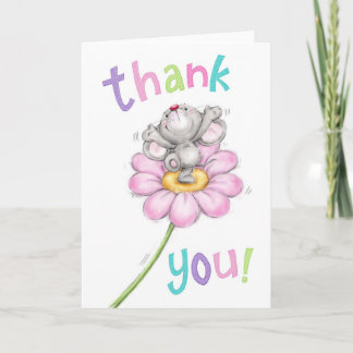 Carte Merci, mignonne souris avec joie sur la fleur