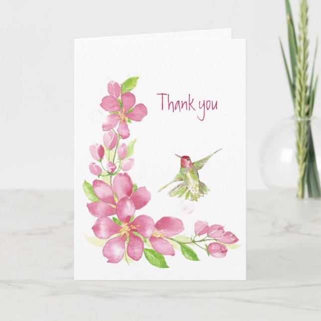 Carte Merci noir cerise fleurs et colibris (Devant)