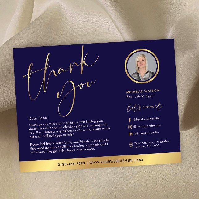 Carte Merci photo Marine & Gold Modern Immobilier (Navy and gold real estate agent thank you cards with space for your logo, photo and custom text)