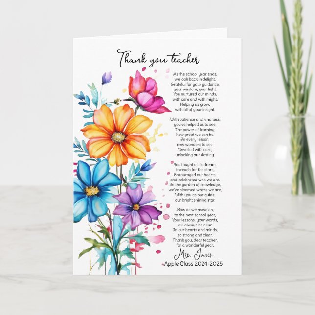 Carte merci poème de fleurs pour la retraite de l'enseig (Devant)