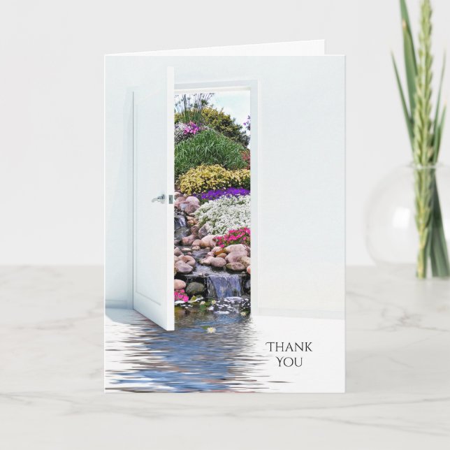 Carte Merci pour funérailles fleurs porte de jardin (Devant)