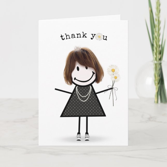Carte Merci Stick Figure Girl avec marguerites (Devant)