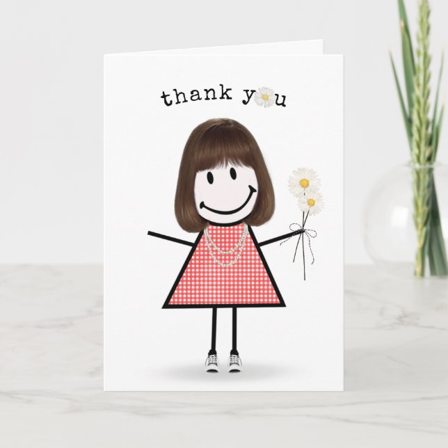 Carte Merci Stick Figure Girl avec marguerites (Devant)