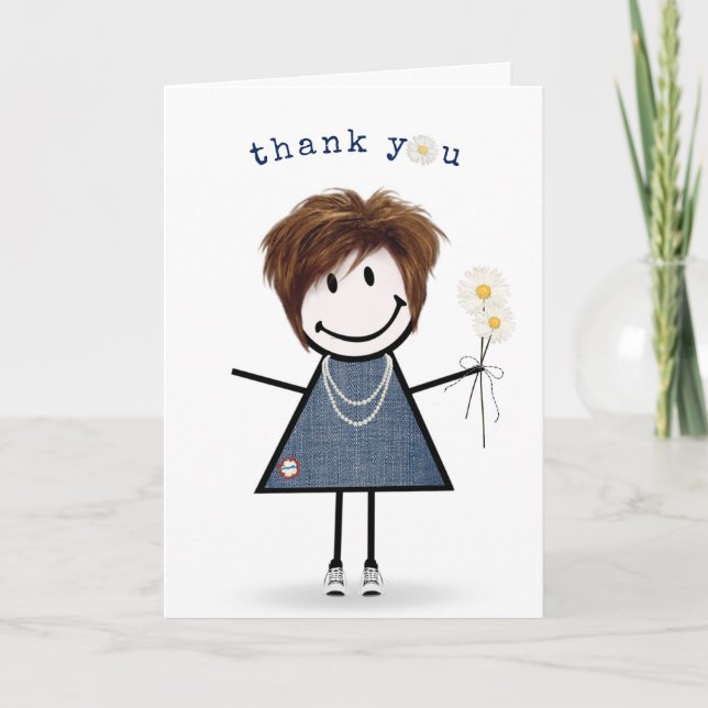Carte Merci Stick Figure Girl avec marguerites (Devant)