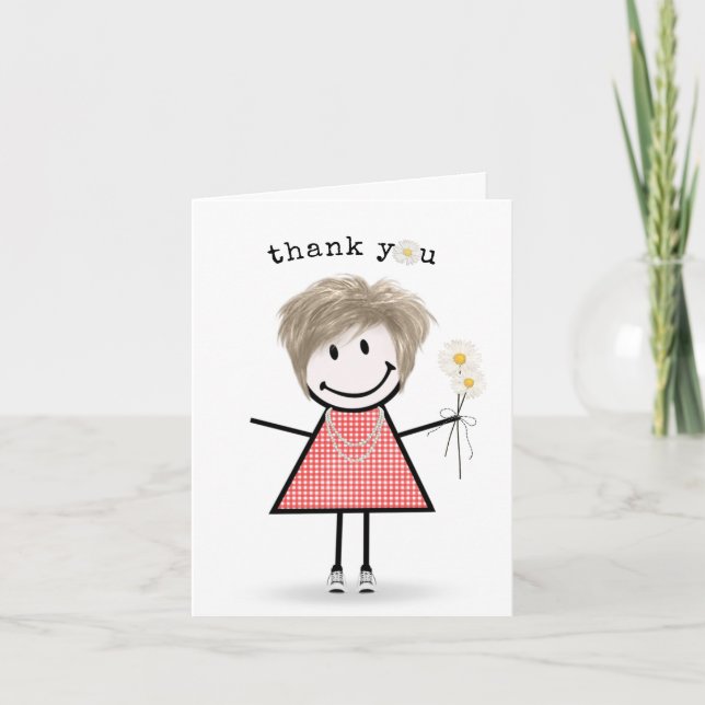 Carte Merci Stick Figure Girl avec marguerites (Devant)