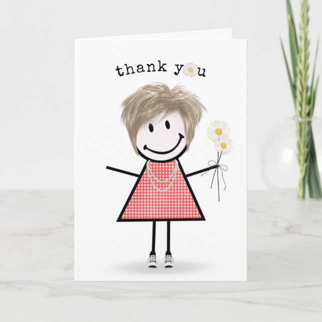 Carte Merci Stick Figure Girl avec marguerites (Devant)