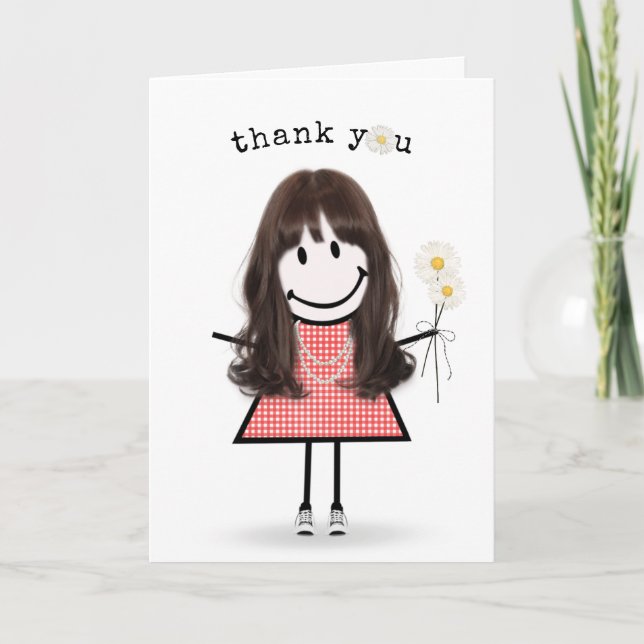 Carte Merci Stick Figure Girl avec marguerites (Devant)