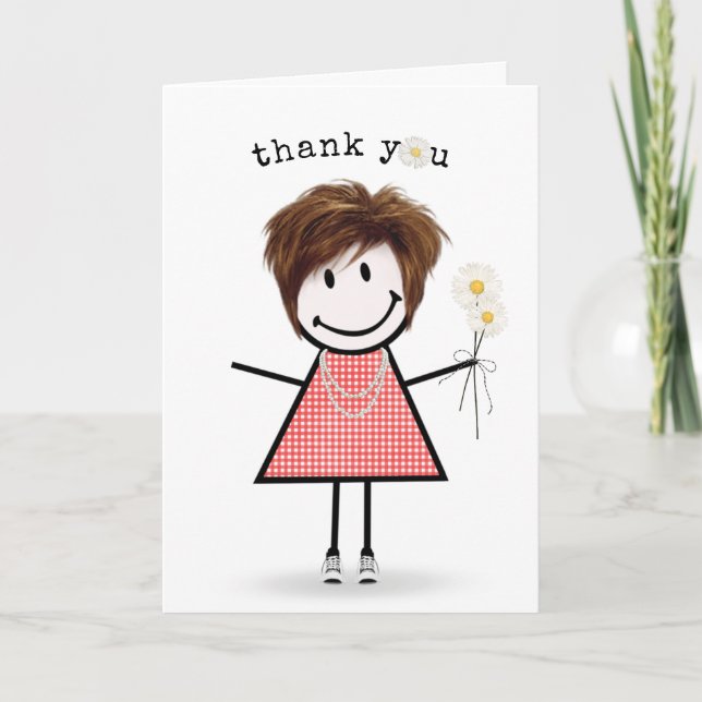 Carte Merci Stick Figure Girl avec marguerites (Devant)
